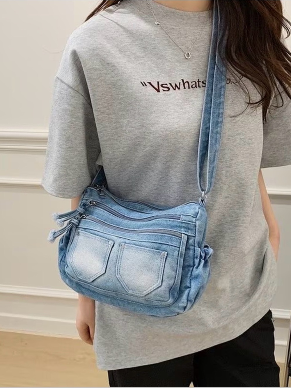 Casual Denim Crossbody Bag - Light Blue